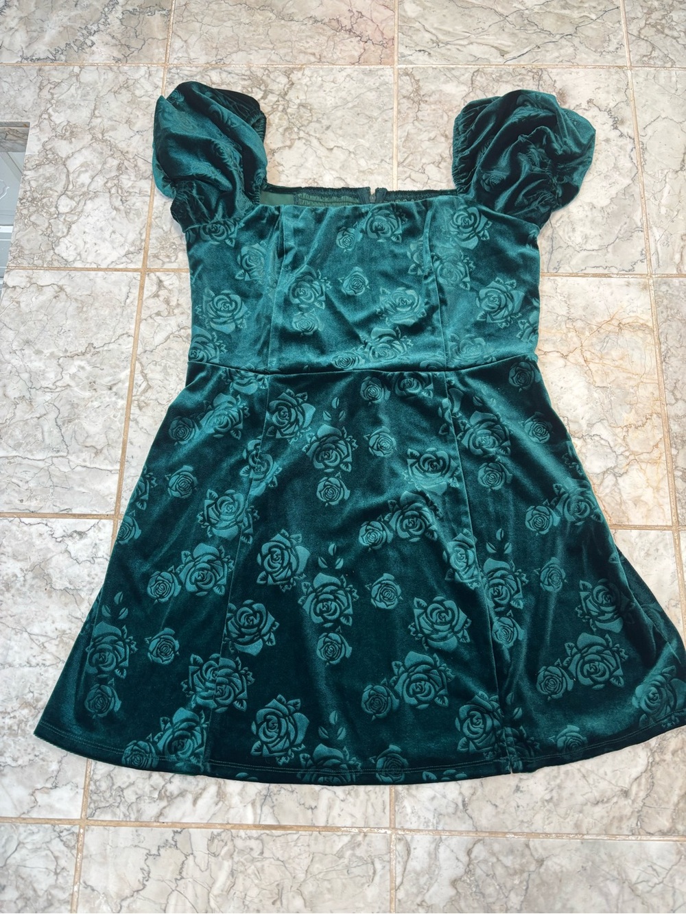 Francescas Green Tabitha Stretch Velvet Short Puff Sleeve Midi Dress Slit Sz XL